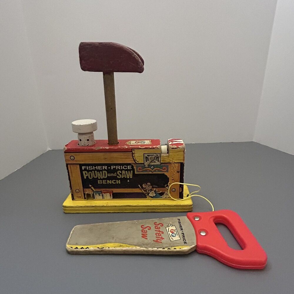 Fisher Price POUND and SAW BENCH Wood w/Paper Litho Vintage 1965 - (READ)